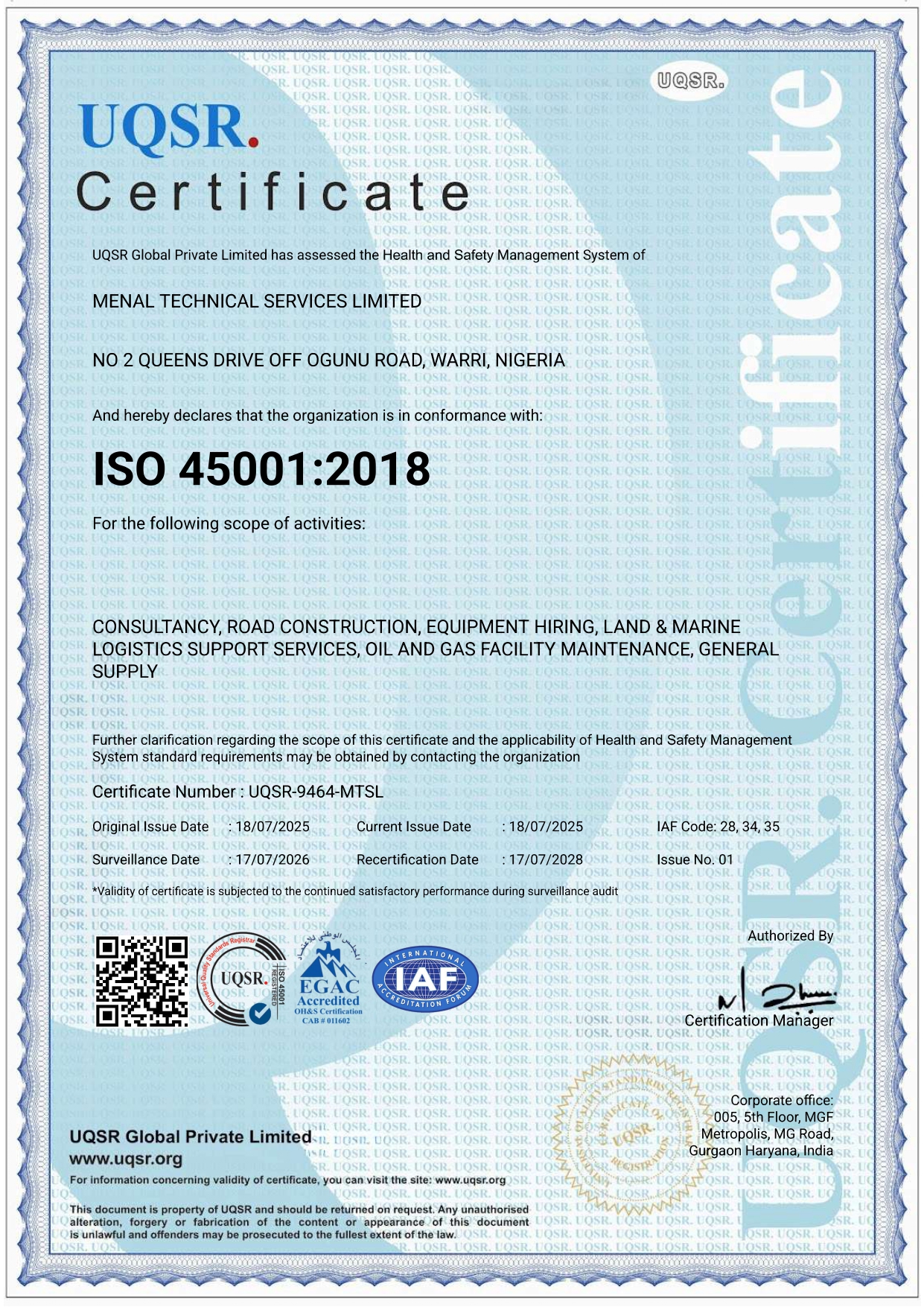 ISO 45001:2018 Certificate